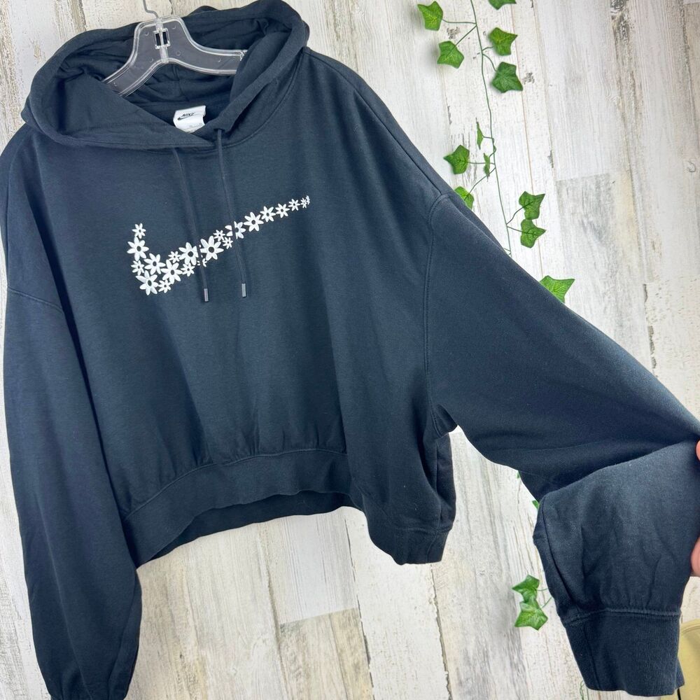 Nike Cropped Hooded Sweatshirt Floral Flower Swoosh Logo Womens XL - Picture 6 of 11